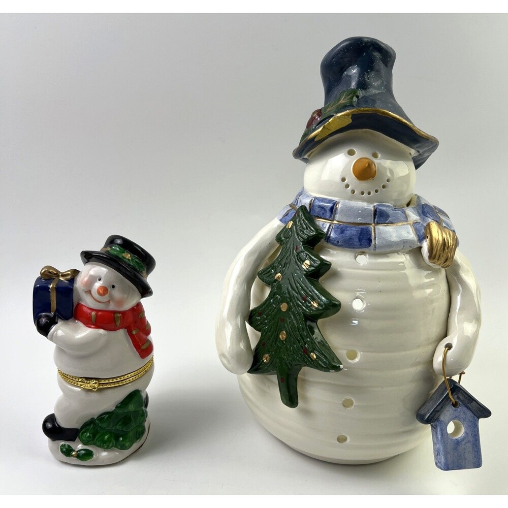 Snowman Trinket Box Flip Open Figurine And Snowman Tea Light Figurine